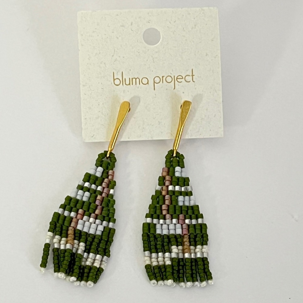 Bluma Project Beaded Fringe Earrings Womens OS Green Whiteβ Rose Gold Geometric